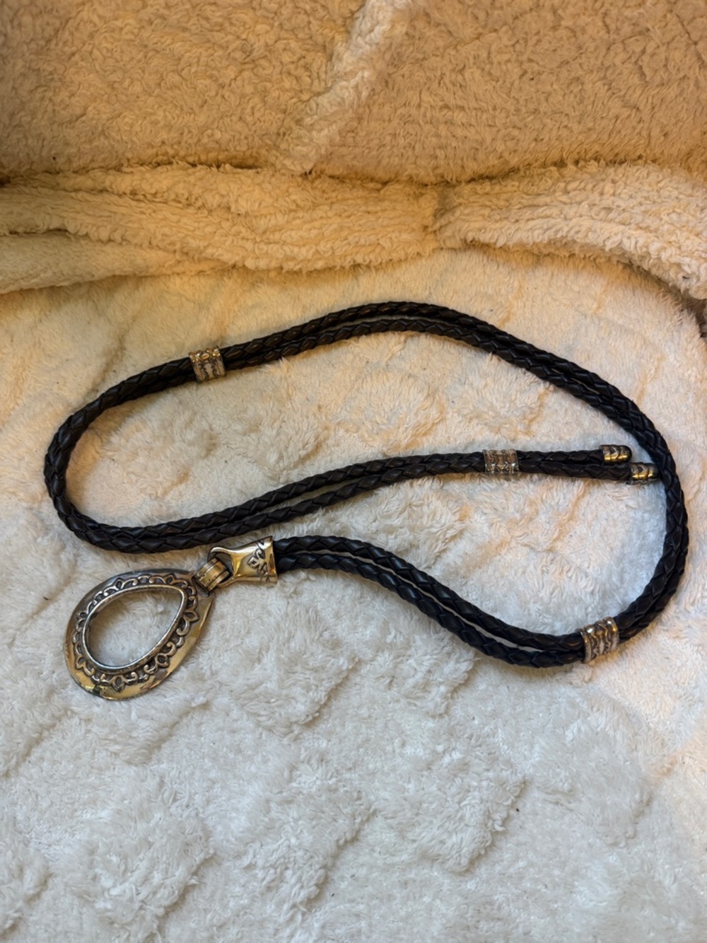 Black Braided Leather Belt with Ornate Silver Tone Loop